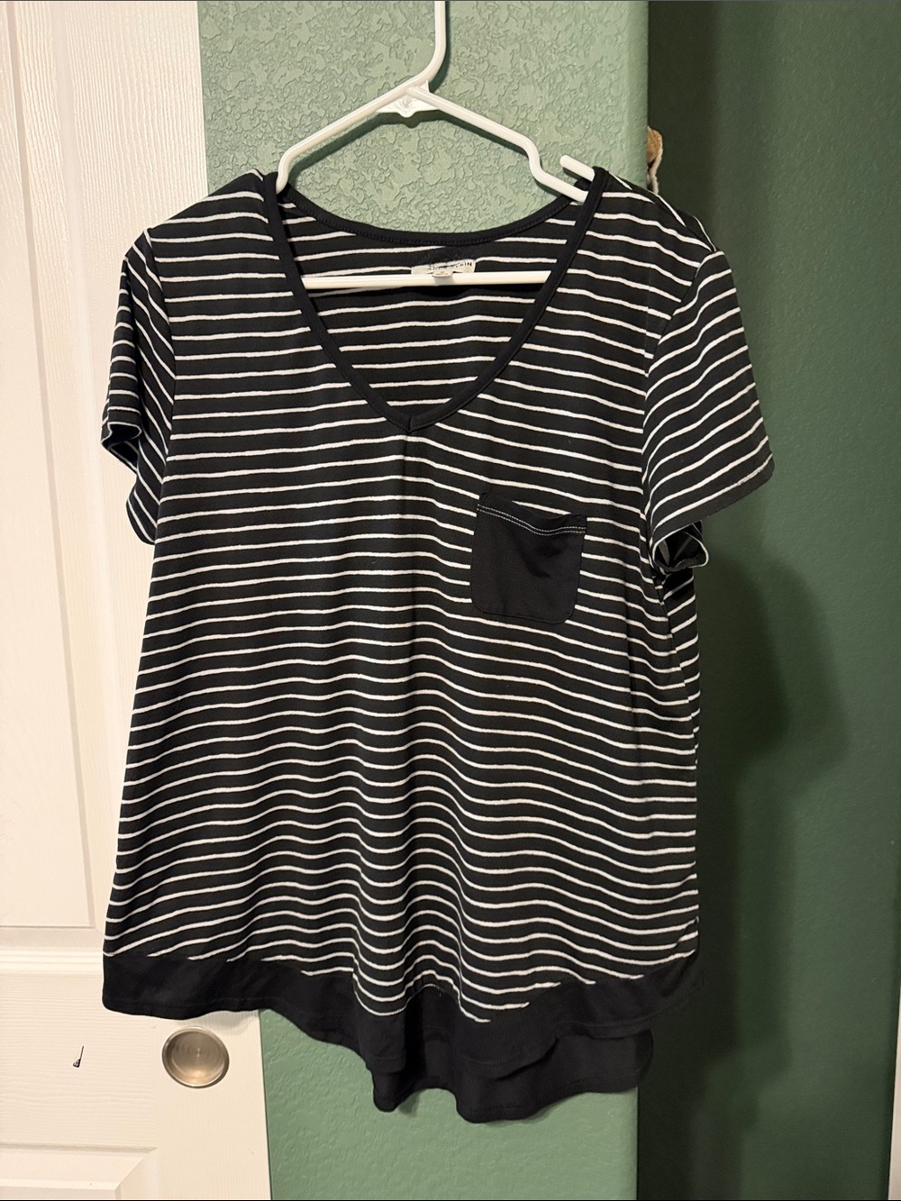 Anne Klein Black & White Striped V-Neck Pocket Tee